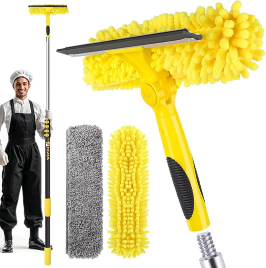 225'' Long Reach Window Squeegee with Telescoping Extension Pole, 2-in-1 Indoor/Outdoor Cleaning Tool with 270° Rotatable Head, Lightweight Alloy Aluminum Pole for Shower Door, Mirror, Car Windshield