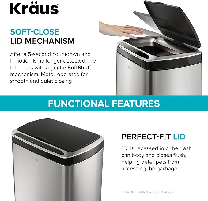 Kraus GarbagePro Rectangular 13 Gallon Hands-Free Motion Sensor Trash Can Battery Operated in Matte Black Finish with SoftShut Touchless Lid, KTCS-10MB