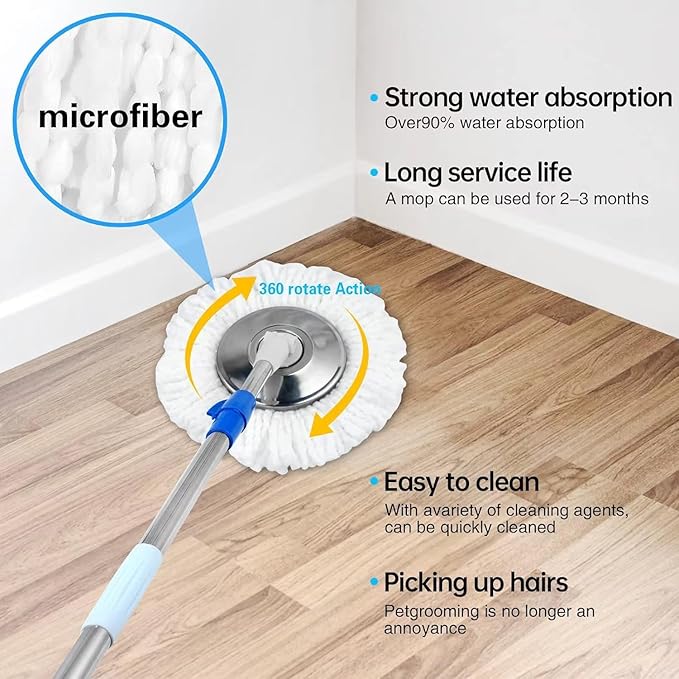 Spin Mop and Bucket with Wringer Set,360° Spin Mop & Bucket Floor Cleaning System Mop Bucket with 61" Adjustable Extended Handle 3 Microfiber Replacement Head Refills