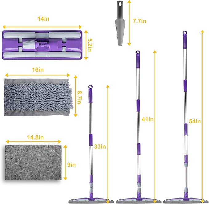 ITTAHO Microfiber Mops for Floor Cleaning ,Wet Dry Flat Mop with Stainless Steel Telescopic Handle,4 Reusable Mop Pads , Dust Mop for Hardwood Floors ,Home,Laminate,Tile,Hardwoods Cleaning (Purple)