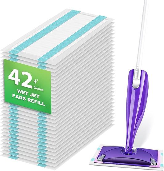 42 Count Disposable Mop Pad Replacement for Swiffer WetJet Spray Mop, Extra Strong Dirt Locking and Water Absorbent, Powerful Stain Removal