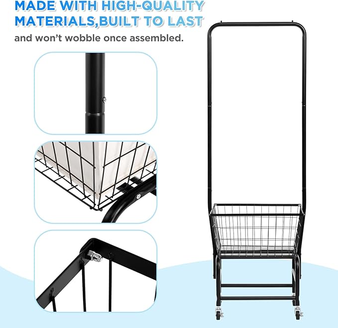 ALIMORDEN Laundry Cart with Clothes Rack, Rolling Laundry Cart with Wheels and Detachable Bags, Black