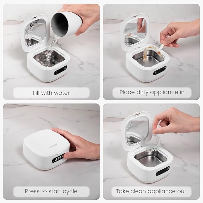 Viora Rechargeable 52kHz Ultrasonic Retainer Cleaner: Cordless Portable UV Dental Cleaning Pod for Invisalign, Denture, Mouthguard, Nightguard, Jewelry, with Mirror, USB-C Travel Cleaning Kit+Tablets