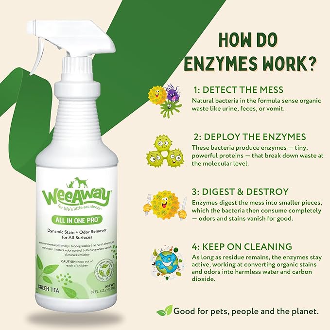 Wee Away Pet Stain and Odor Remover Spray, Biodegradable Enzyme Cleaner for Dog and Cat Urine, Poop, Diarrhea, & Vomit, For Carpets, Upholstery, Cages, Litter Boxes (32 oz) (Green Tea)