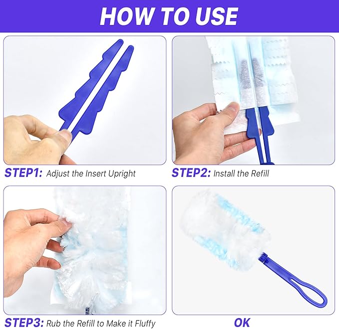 Milkary 60Pcs Duster Refills Electrostatic Fluffy for Cleaning, Duster Disposable Replacement Refills Bulk with 2 Handles for Home Office Blinds Ceiling Fans Furniture Multi-Surface Dusting, Blue