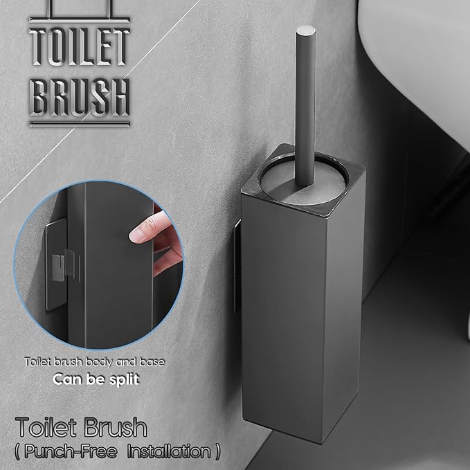 Brushed Gold Stainless Steel Toilet Brush, Square No-Punch Hook Base Toilet Brush Holder Removable Inner Bucket and Splash Proof Cover - Soft Bristles (Non-Drill Square Plastic caps Gray)