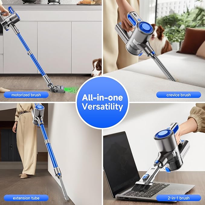 Honki Cordless Vacuum Cleaner for Home, Powerful Stick Vacuum with Rechargeable Battery, Green Light Anti-Tangle Brush, 6-in-1 Lightweight Handheld Vacuum for Pet Hair, Hard Floor, Carpet