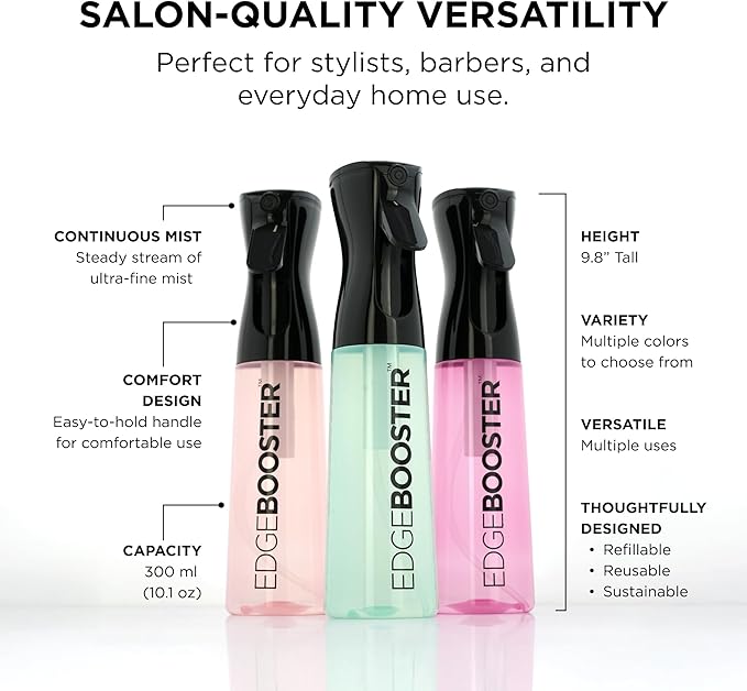 Style Factor Edge Booster Mist Spray Bottle for Hair (10.1oz/300ml) - Continuous Ultra Fine Mist Sprayer – For Hairstyling, Salons, Cleaning, Plants, Essential Oil & More - Aqua Green