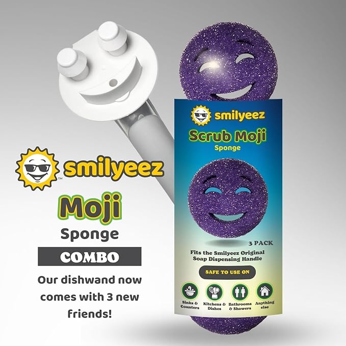 The Original Smiling Handle for Scrub Daddy (Reg. TM) Sponge and Scrub Moji Sponge - (Light Blue Handle) & 3 Purple Scrub Moji's