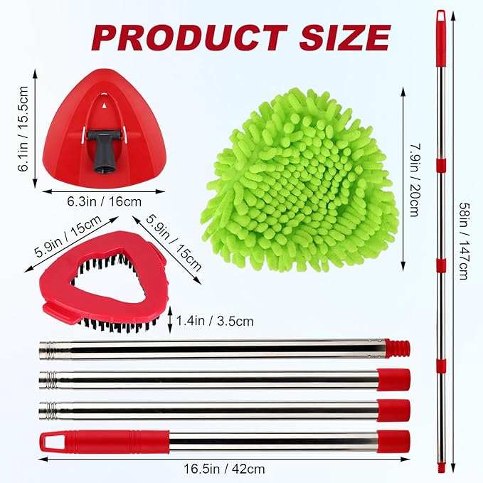 Spin Mop Head Refill for Vileda/Ocedar EasyWring Spin Mop - Rotating Triangle Replacement Pads Washable & Reusable fit All Floor - 4 Microfiber Chenille Cloth 1 Mop Base 1 Handle and 1 Brush