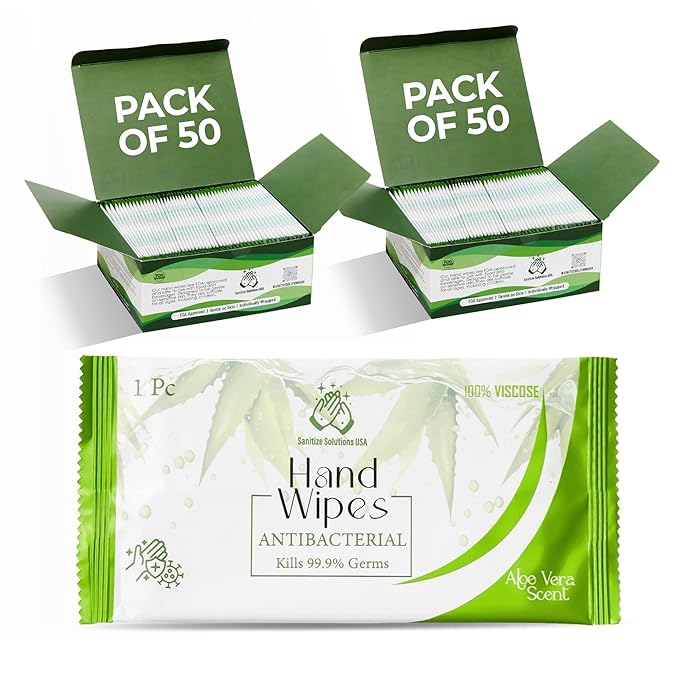 100 Individually Wrapped Hand Wipes – Aloe Vera Scent – 2 Convenient 50-Count Boxes | 100% Viscose, Eco-Friendly | Travel-Ready, Moisturizing