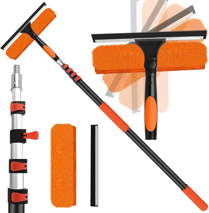 26FT High Window Cleaning Kit with Pole,2 in 1 Window Squeegee for Window Cleaning,5-20FT Professional Window Clean Pole Kit Include Replacement,180°Rotatable Squeegee for Indoor/Outdoor High Windows