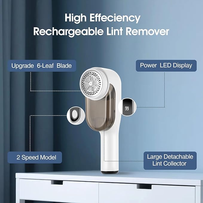 OKAKA Rechargeable Electric Fabric Shaver Lint Remover with LED Display, Sweater Shaver 2- Speed to Remove Fuzz and Pill for Clothes, Furniture, Couch and Blanket(White)