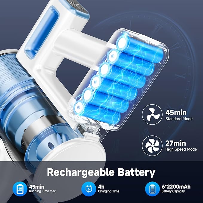 BSNAW Cordless Vacuum Cleaner for Home - Lightweight, Stick Vacuum Clean with Rechargeable Battery, Max 45Mins Runtime, 8 in 1 Handheld Vacuum for Hardfloor & Carpets Pet Hair, Blue&White