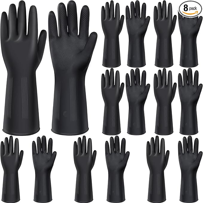Chumia 8 Pairs Chemical Resistant Latex Gloves Heavy Duty Black Rubber Gloves Cleaning Protective Safety for Car Home Lab(Medium)