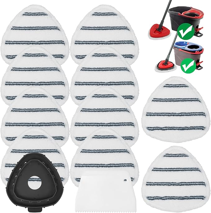 High-PQ Flat Mop Head Replacements, Microfiber Mopping Pads Refills, 10-Pack Spin Mop Pads + 1 Plastic Pad &1 Scrape for Floor, Wall & Ceiling Cleaning - Fits EasyWring & RinseClean Systems
