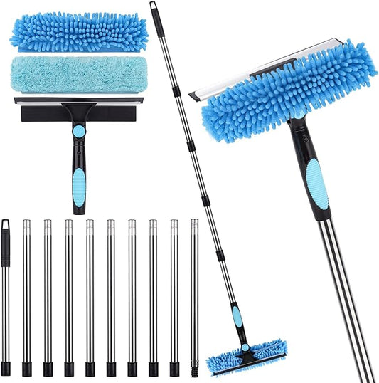 Window Squeegee Cleaner Tool with Extension Pole: 2-in-1 Window Cleaning Kit - 86.6 Inch Telescopic Long Window Cleaning Tool for High Windows Car Glass - with 2 Microfiber Cloth & Squeegee Blade
