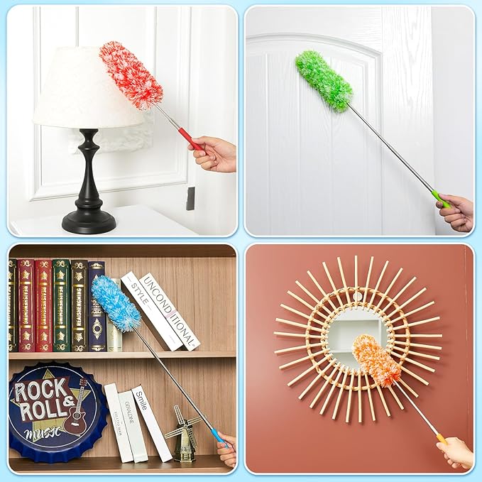 Tanlade 12 Pcs Microfiber Feather Duster for Cleaning 13-31 Inch Extendable Cobweb Dusters Ceiling Fan Duster Washable Bendable Tool for Office Car Window Furniture (Bright Color)