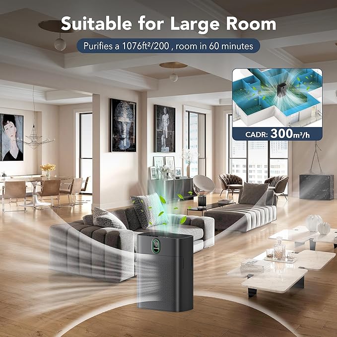 MORENTO Air Purifiers for Home Large Room up to 1076 Sq Ft with PM 2.5 Display Air Quality Sensor for Pet Hair, Double-Sided Air Inlet, 24db, Black, 1 Pack + 2 Pack Filters
