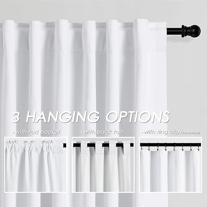 Nanspring White Linen Blackout Curtains, 132 inch Length Back Tab Rod Pocket Thermal Insulated Textured Living Room Blackout Curtains 2 Panels Set 52x132 Pure White