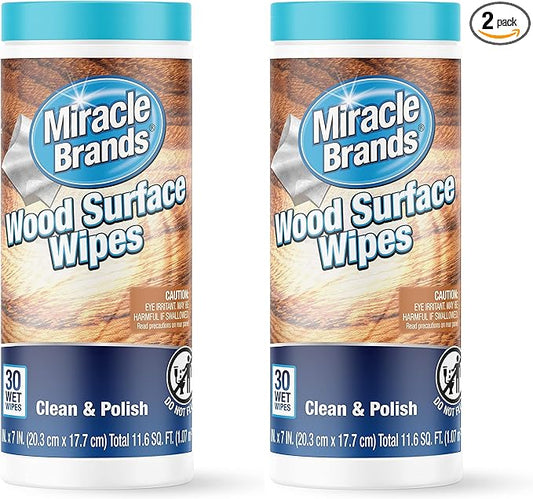 MiracleWipes for Wood Surfaces, Remove Dirt and Grime Buildup, Clean, Protect, and Polish Cabinets, Furniture, and Wood Floors, Great for Kitchen and Bathroom Cleaning Support - 30 Count (Pack of 2)