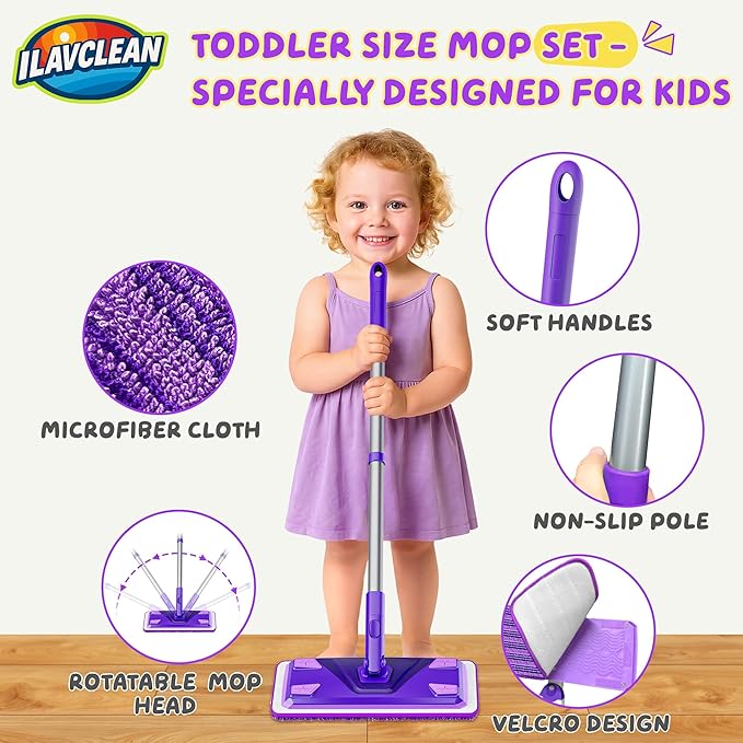 ILAVCLEAN 2 Set Toy Mop for Kids - Toddler Real Spray Flat Floor Mop Montessori Cleaning Toy Set, Educational and Fun Gifts for Boys and Girls Ages 4+