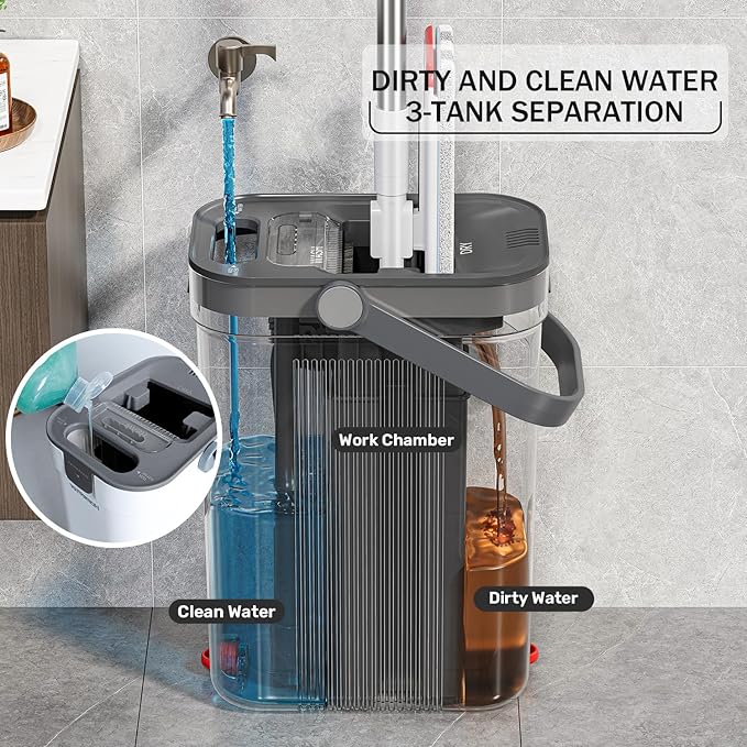 HoMettler Dual-Mop and Bucket Set, 3-Tank Flat Mop and Bucket System with Separate Dirty and Clean Water, Wall Cleaner Mop, Flat Mops for Floor Cleaning with 6 Microfiber Pads