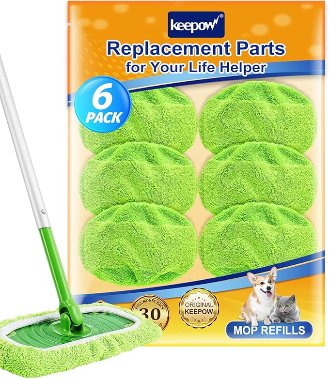 KEEPOW 6Pcs Reusable Microfiber Mop Pads Compatible with Sweeper Mop, Replacement Wet Mopping pad Refills & Washable Dry Sweeping Cloths for Surface/Hardwood Floor Cleaning