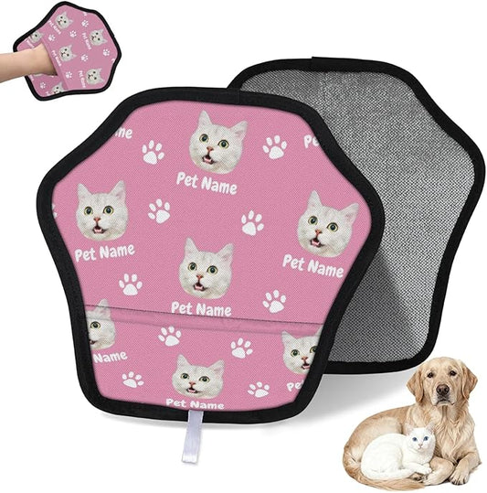 Personalized Pet Hair Remover Glove for Dogs & Cats - Custom Photo & Name Magic Brush for Dog Cat Hair Removal, Reusable Electrostatic Pet Hair Gloves for Furniture Carpet Couch, Face Paw Pink