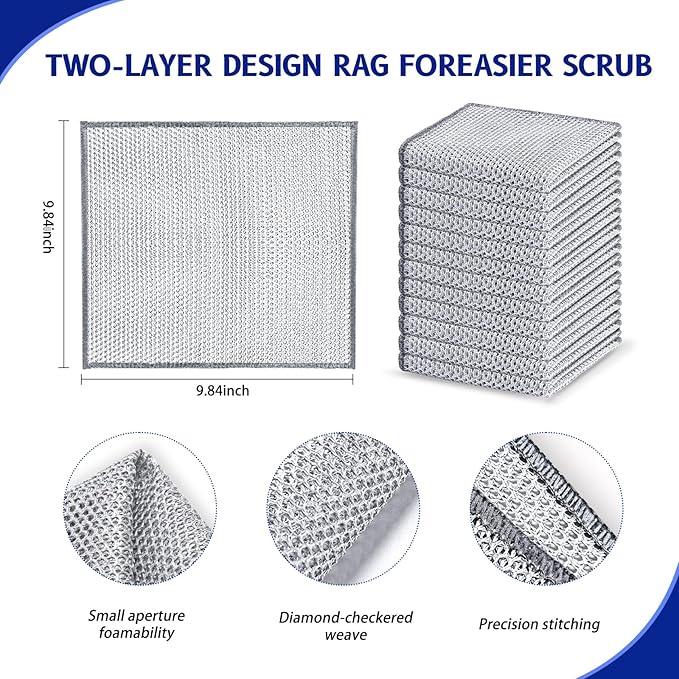 12PCS Non-Scratch Multipurpose Steel Wire Dishcloths - Reusable Quick-Dry Odor-Free Scrub Cloths for Dishes, Kitchen Cleaning Cloths for Cookware, Sinks, Stove Tops(9.84X9.84)