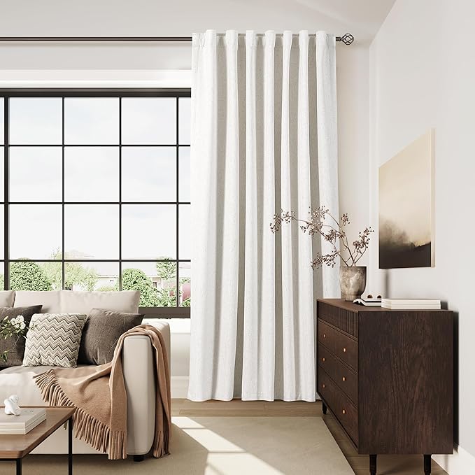 Nanspring Ivory Linen Blackout Curtains 96 Inches Long 1 Panel Set for Living Room Back Tab Pinch Pleated Blackout Curtain Drapes Boho Farmhouse Neutral Cream Bedroom Black Out Curtain 60x96