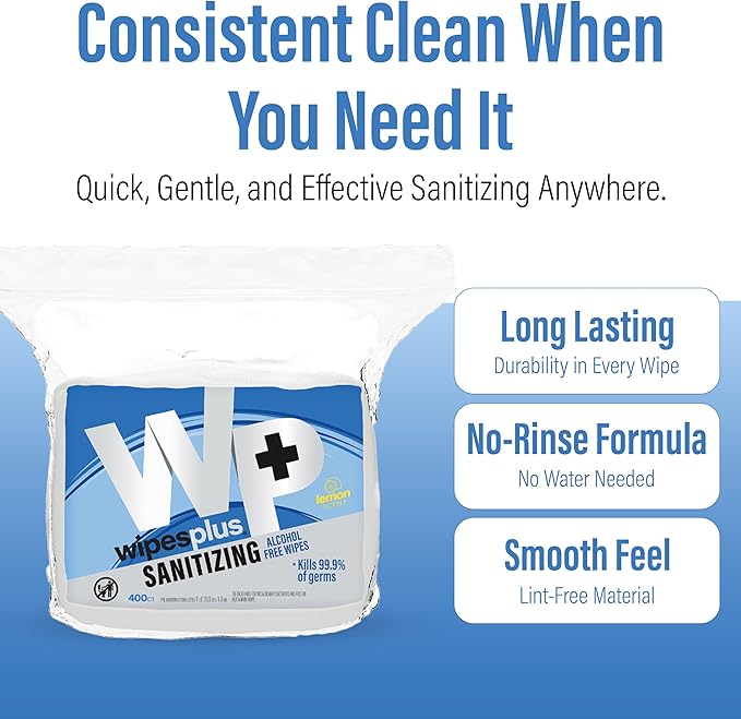 WIPESPLUS Hand Sanitizing Wipes Refill Bag Alcohol-Free Wipe for Restaurant and Retail, 1600 Count, (4 Packs of 400 Sheets)