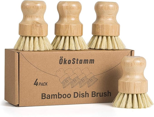 ÖkoStamm 4 Pack Bamboo Dish Brush, Dish Scrubber Brush with Sisal Bristle, Natural Scrub Brush for Kitchen Cleaning Dishes, Pots, Pans, Bottles, Vegetables