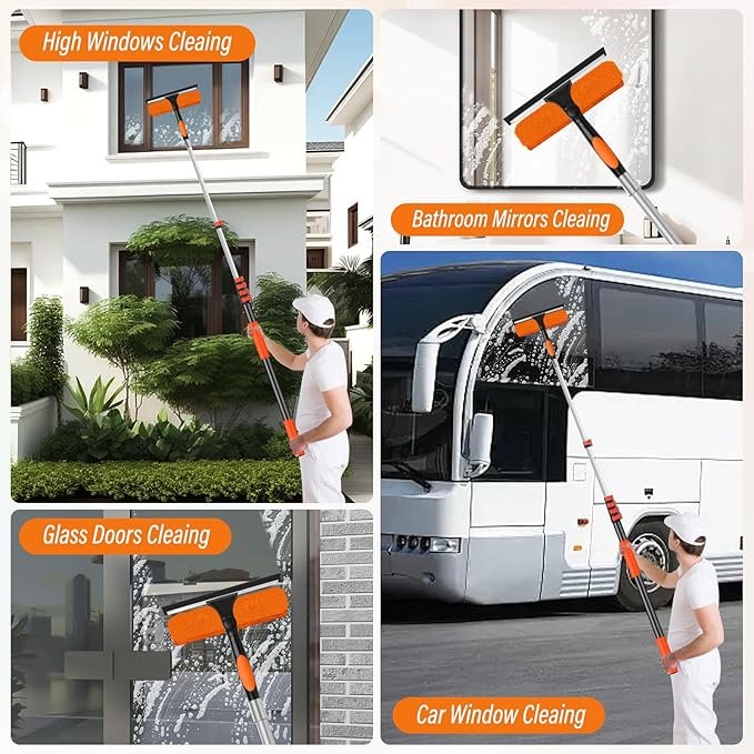 30FT High Window Cleaning Kit with Pole,2 in 1 Window Squeegee for Window Cleaning,5-24FT Professional Window Clean Pole Kit Include Replacement,180°Rotatable Squeegee for Indoor/Outdoor High Windows