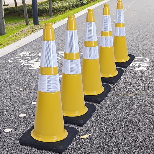 Fluorescent Orange/Green PVC Traffic Cones, Heavy Black Base Parking Lot Cone Structurally Stable Weatherproof Road Construction Safety Cones (8, Yellow, 28" Large)