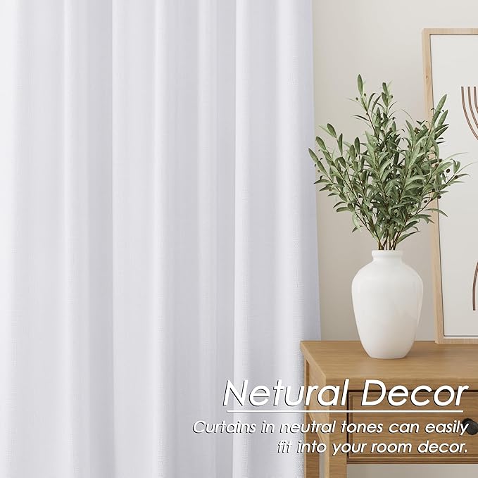 Nanspring White Linen Blackout Curtains, 132 inch Length Back Tab Rod Pocket Thermal Insulated Textured Living Room Blackout Curtains 2 Panels Set 52x132 Pure White