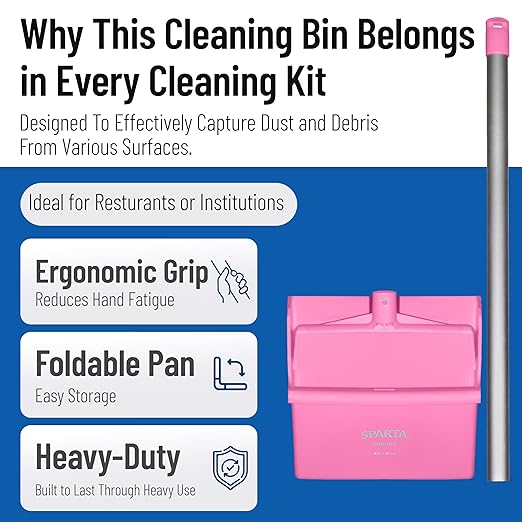 SPARTA Upright Dustpan with Aluminum Handle, Serrated Edge for Broom Combing, Secure Yoke Lock with Easy Storage Hanging Hole for Commercial Cleaning, Plastic, 30 Inches, Pink