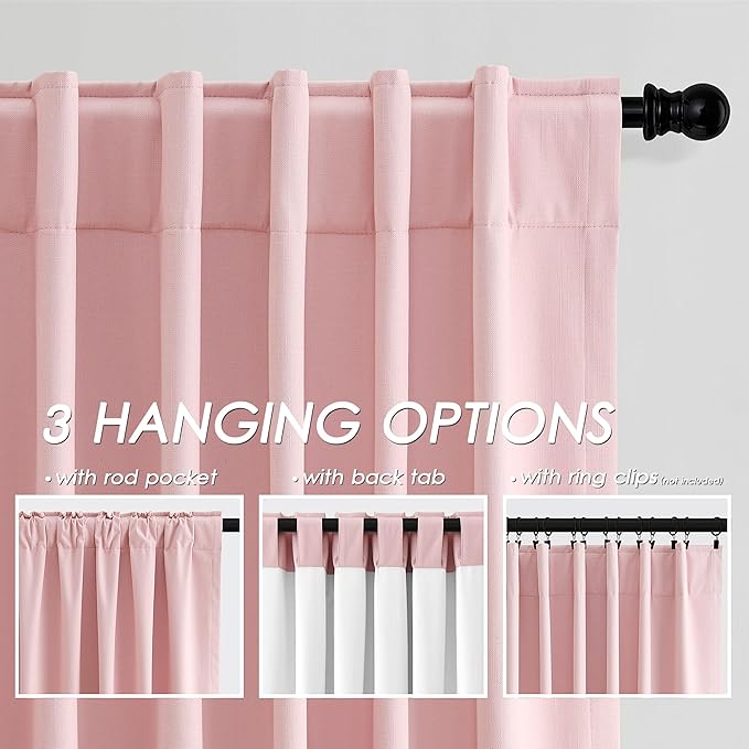 Blackout Pink Linen Curtains 96 Inches Long Back Tab Heat Reflective Full Light Block Out Curtain 2 Panels for Bedroom Window Textured Long Draperies with Liner Floor to Ceiling Length 52x96