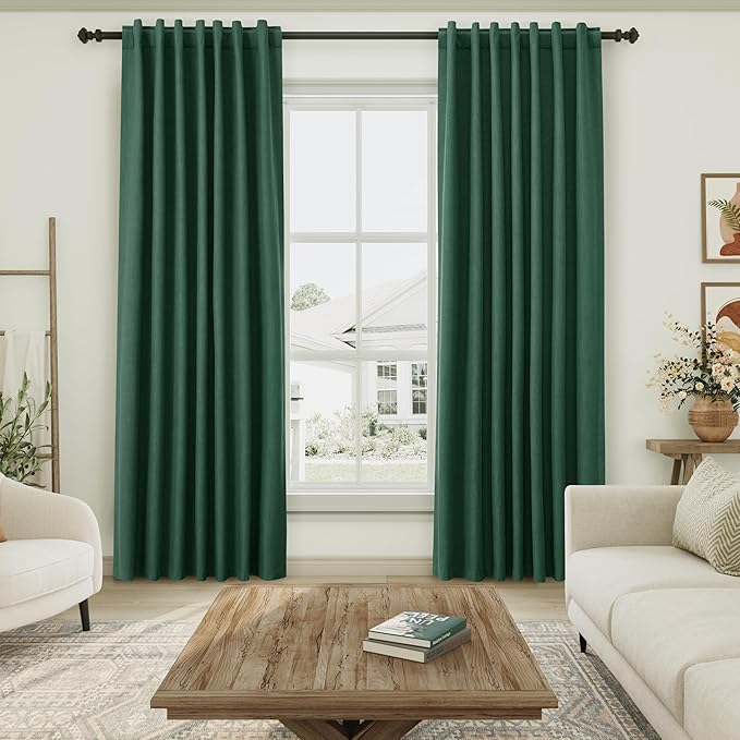 Nanspring Green Linen Blackout Curtains 72 inch Length for Living Room Boho Farmhouse Back Tab Rod Pocket Thermal Insulated Textured Living Room Blackout Curtains 2 Panels Set 52x72 Inch