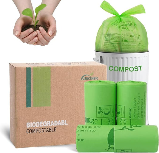 JENCENBIO Compost Bags 4-5 Gallon with Handles Tie Extra Thick 0.78 Mils Wastebasket Liners Bags for Kitchen Bathroom Office US BPI ASTM D6400 and Europe OK Compost Home Certified