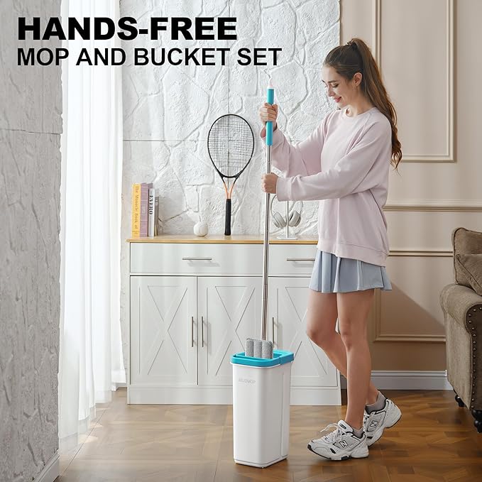 BEJOMOP Mop and Bucket Set with Wringer, Turquoise-Cyan Wall Mop Cleaner with Long Handle, Squeeze Flat Mop and Bucket System, Dry & Wet Dust Mop for Household Floor Cleaning with 2 Microfiber Mops