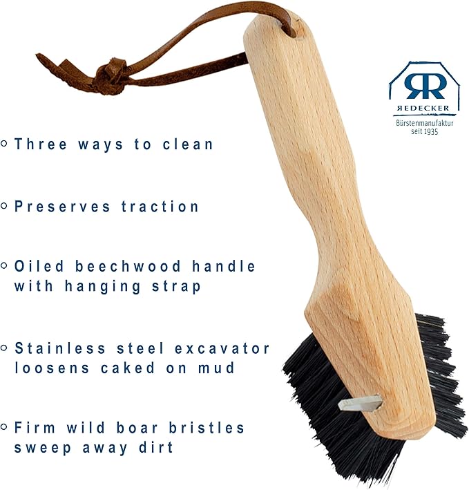 REDECKER Shoe Sole Brush - Wild Boar Bristle, Oiled Beechwood and Stainless Steel Design, 3 Ways to Clean, Made in Germany - Stiff Bristle Boot Brush