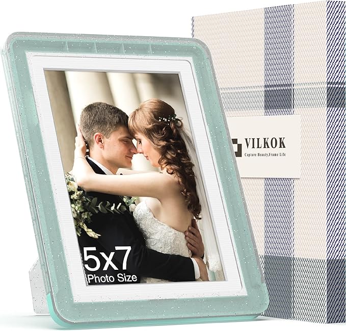 1-Pack 5x7 Picture Frame or 4x6 with Mat – Shatterproof Plastic Photo Frame for Family, Nursery & Playroom, Wall & Tabletop Picture Frames for Home or Office, Safe Lightweight Design, in Crystal Green