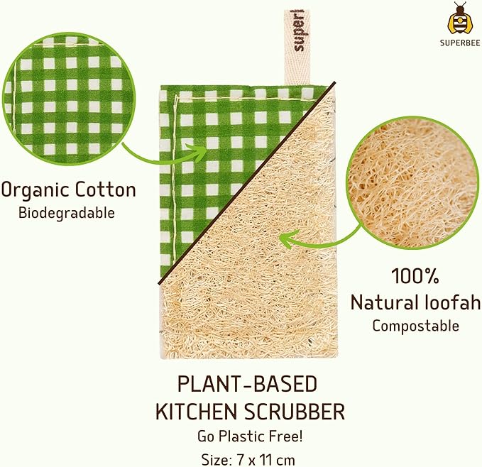 SUPERBEE Natural Kitchen Sponges 10 Pack - Plant-Based Biodegradable Loofah Dish Sponge - Eco-Friendly, Zero-Odor, Cleaning Dirty Dishes, pots, and Pans, Cleaning - Plastic-Free Sponge