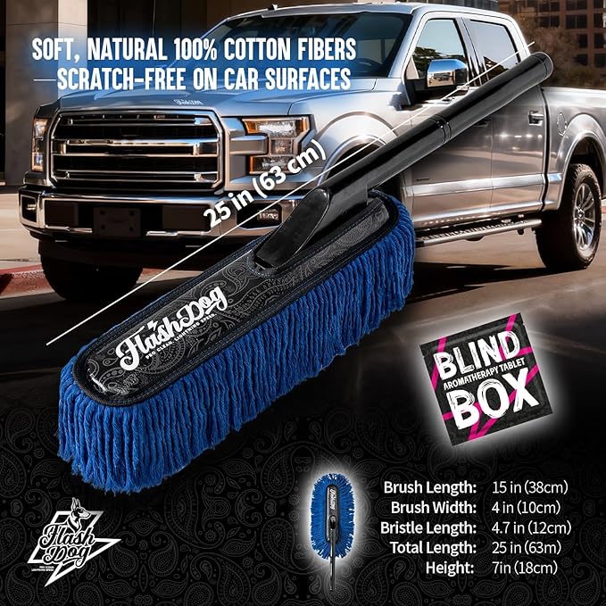 Flash Dog Car Duster Exterior Scratch Free - Wood Handle Waterless Cleaning for Cars/SUV/Truck/RV | Waxed Cotton, Portable Waterless Dust & Pollen Remover