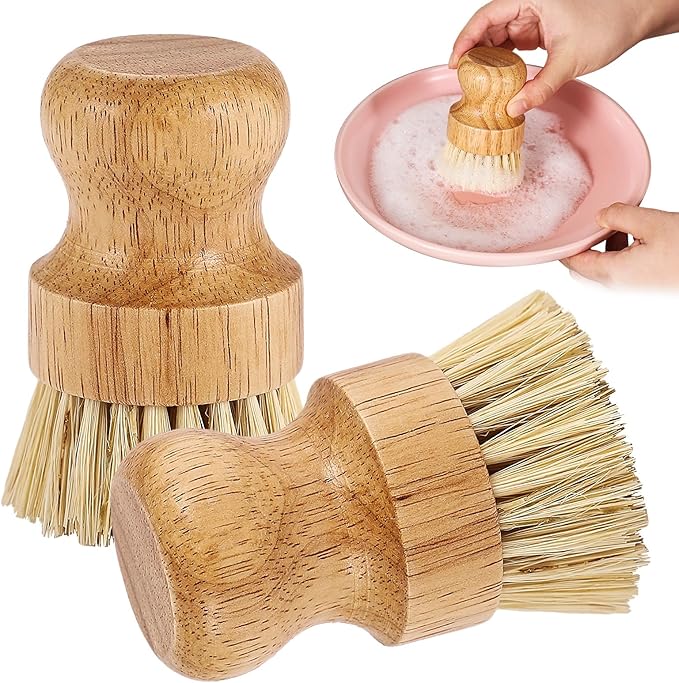 2er Pack Palm Pot Brush- Bamboo Round Mini Dish Brush Natural Scrub Brush Durable Scrubber Cleaning Kit with Union Fiber and Tampico Fiber for Cleaning Pots, Pans and Vegetables (B, M)