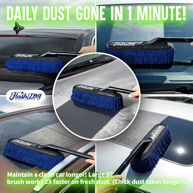 Flash Dog Wood Handle Car Duster Exterior + Mini Interior Brush Waterless Exterior Scratch-Free Cleaning for Cars/SUV/Truck/RV & Dash Detailing | Waxed Cotton & Microfiber