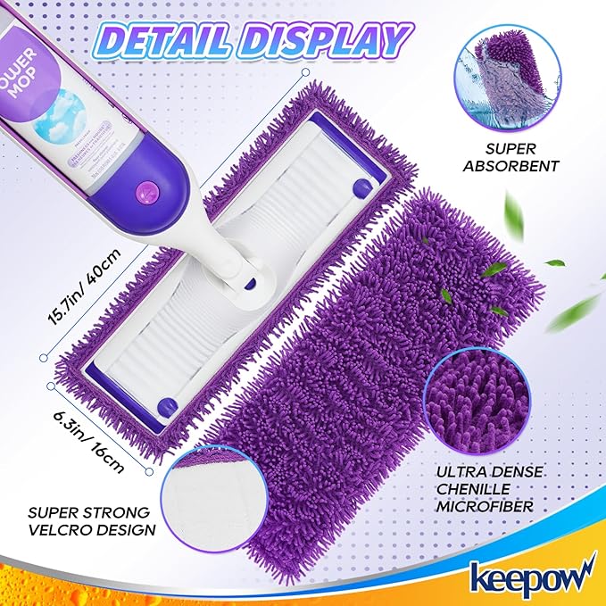 KEEPOW Reusable Microfiber Mop Pads Compatible with Swiffer PowerMop 4 Pack, Power Mop Pads Refills for 13 ''-15 '' Spray Mop, Machine Washable Pad Replacement for Multi-Surface Floor Cleaning