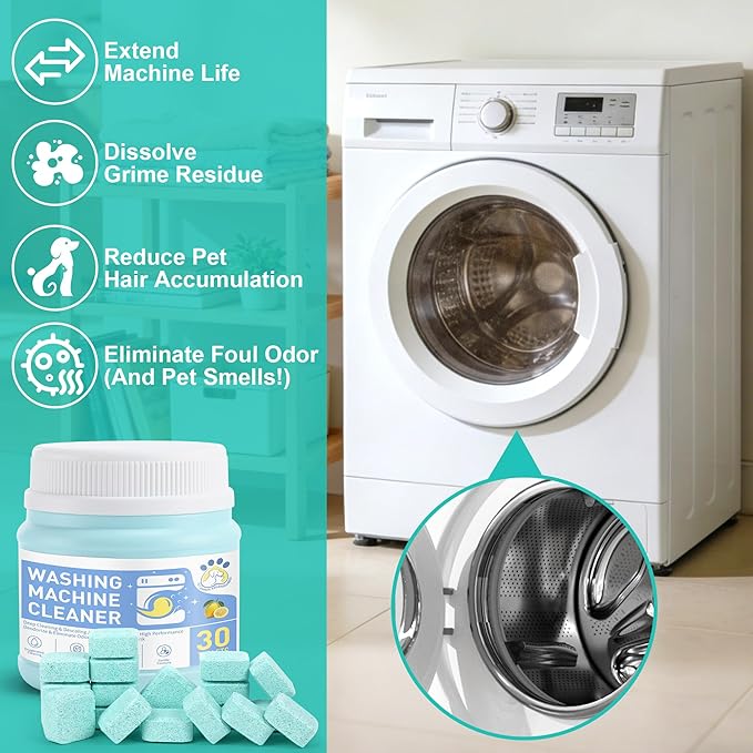 edoia Washing Machine Cleaner Tablets, 30 Pack Deep Cleaning Pods for Front ＆ Top Loader, Natural Formulared for Pet Owners, Heavy Duty, Septic Safe, Over 12 Month Supply, 15G, Blue
