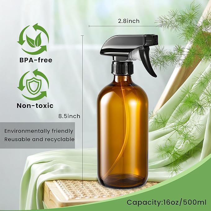 Supercenter Glass Spray Bottles, Amber Glass Spray Bottles, 16oz, Adjustable Nozzle for Stream and Spray, Reusable, for Essential Oils, Cleaning Products, Detergents(2PS)